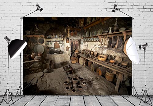 BELECO 9x6ft Fabric Rustic Old Rural Farmhouse Kitchen Backdrop Interior Pottery Kitchen Appliance Cooking Background Backdrop Countryside Theme Party Church Event Portrait Photo Studio Props - size: 9x6FT
