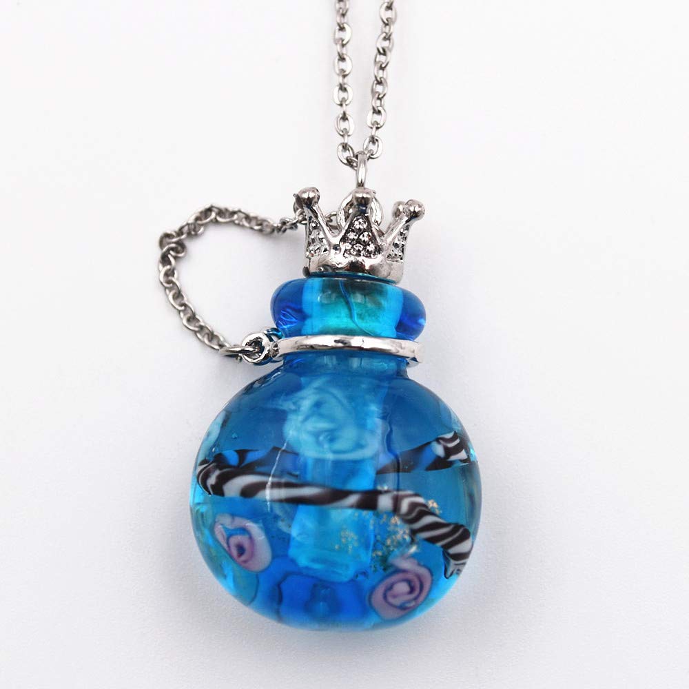 Stainless Steel Colored Glass Pendant Necklace Diffuser Perfume Pendant Aromatherapy Charms (Sky Blue)