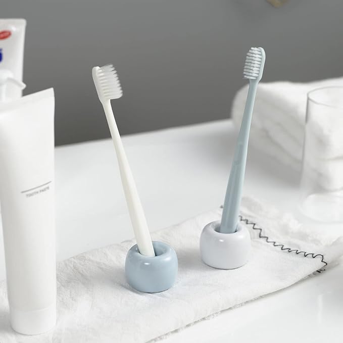 Mini Ceramic Couple Toothbrush Holder, Hand-Made Bathroom Toothbrush Holder, Electric Toothbrush Head Holder and Office Pen Holder 2-Piece Set (Blue)