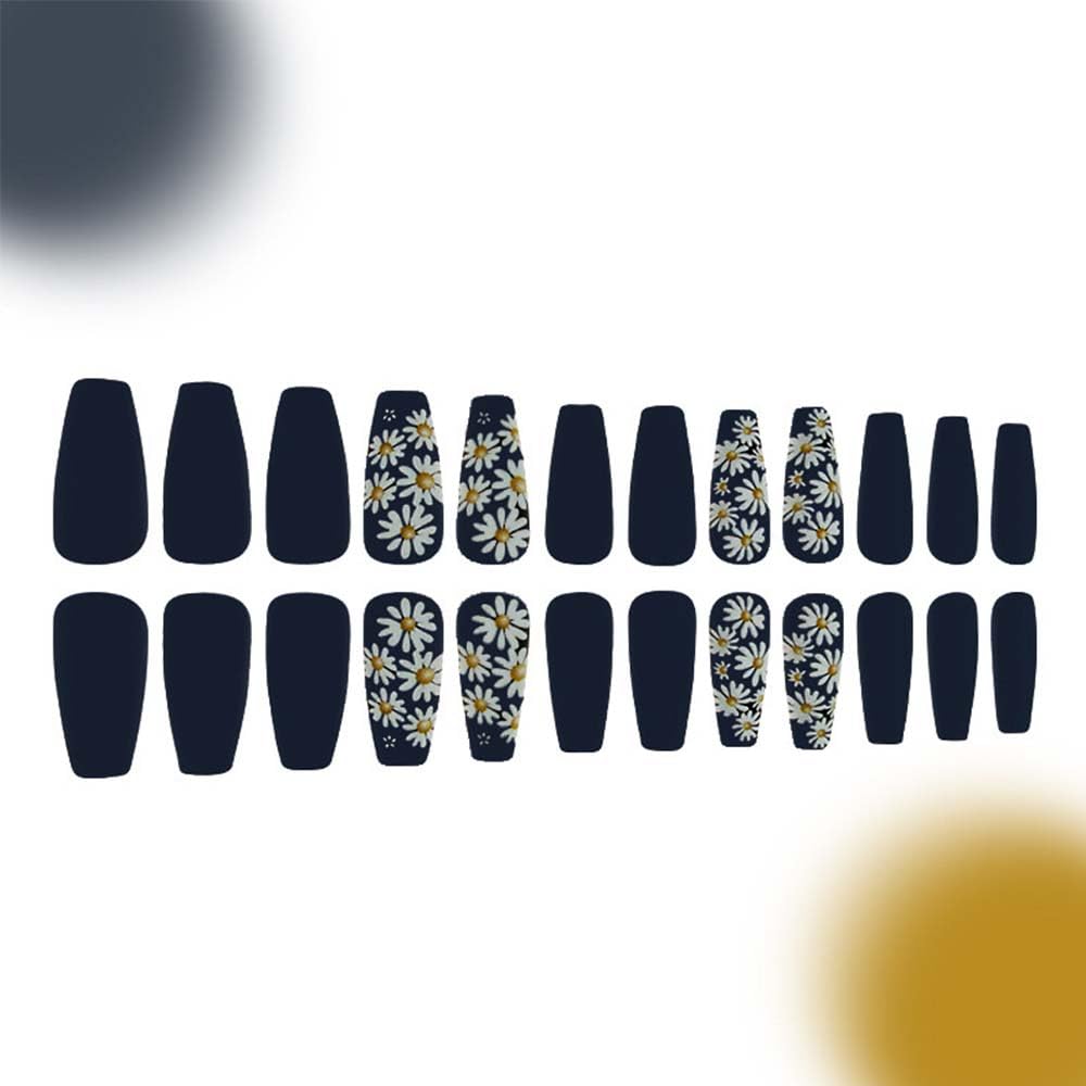 Coffin Press On Nails Medium Fake Nails Black False Nails With Daisy Design Flower Glue On Nails Full Cover Acrylic Artificial Reusable Stick On Nail For Women Manicure Art 24pcs