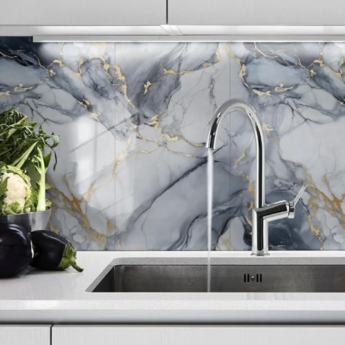 10pcs Thick Marble Peel and Stick Waterproof Wall Panels,Heat-Resistant Backsplash Tile, 23.6"x11.8" PVC Foam Wall Sticker for Kitchen,Living Rooms,TV Walls,Blue and Gold (Not Real Tile 19.4Sq. Ft.) - color: Blue Marble Tiles, size: 23.6" x 11.8" x 4MM x