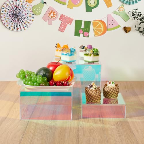 3Pcs Iridescent Risers Display Stands, Stackable Acrylic Cubes Display Box, Nesting Rainbow Showcase for Collectibles Figures Jewelry Perfume Handbag Dessert Party, Neon Food Buffet Riser - color: Iridescent-3pcs