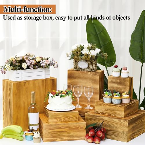Barydat 8 Pcs Large 13.7" Wood Risers Display Stands Rustic Square Cupcake Stand Food Risers Stackable Display Box for Buffet Table Dessert Food Birthday Wedding Party(Dark Brown) - color: Dark Brown, size: Large