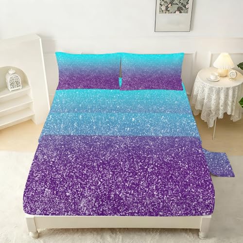 Gradient Blue Purple Sheet Set for Kids Twin Size Dreamy Fitted Sheet Set Glitter Sheet Soft Microfiber 3-Piece Sheet Set 1 Fitted Sheet+1 Flat Sheet+1 Pillowcase Cartoon Bedding Set - color: Blue and Purple, size: Twin