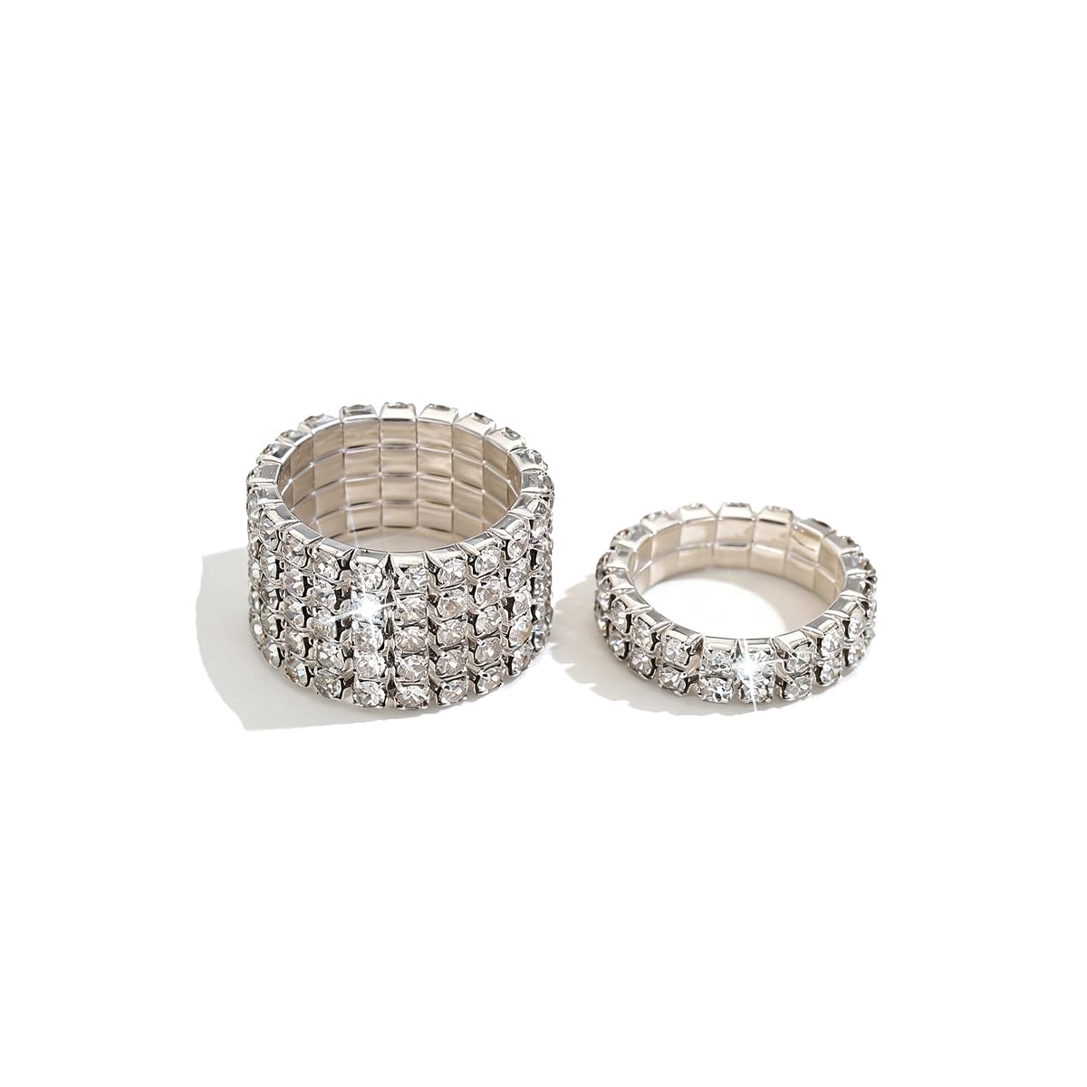 2PCS Rhinestone Stretch Ring for Women Sparkling Gold Silver Black Crystal Knuckle Ring Set Fashion Crystal Stackable Finger Rings Set Elegant Bridal Wedding Stretchy Statement Rings Jewelry (Silver)