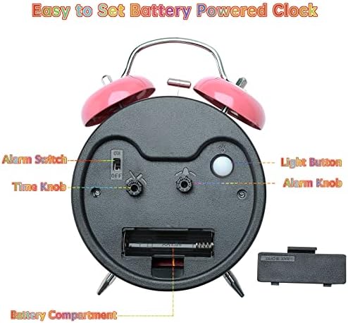 Peakeep Learning Clock for Kids Time Teaching, Loud Alarm to Wake Up | 4.5" Twin Bell Alarm Clock Battery Operated for Teenagers Kids, Kids' Room (Pink)
