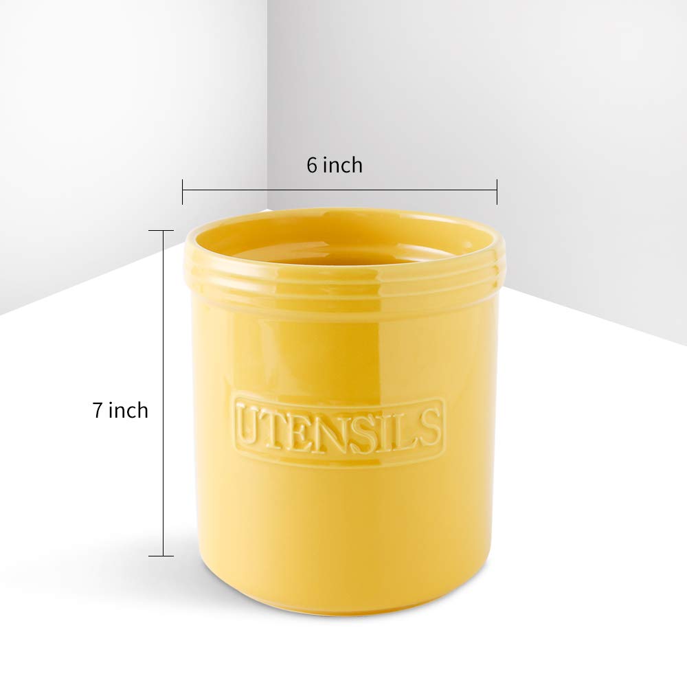 KOOV Cooking Utensil Holder, Large Ceramic Utensil Crock, Deep and Stable, Utensil Caddy for Countertop Letter Series (Yellow)