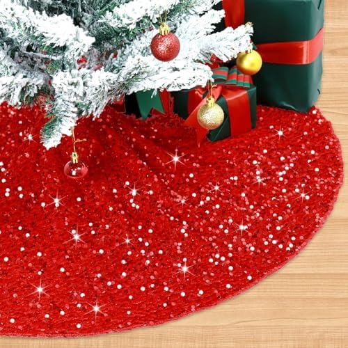 Red Christmas Tree Skirt Velvet 48 Inch Sequin Round Tree Skirts for Artificial Tree Large Sparkly Christmas Red Tree Skirts Xmas Tree Skirt Party Ornaments for 7.5ft Christmas Tree Decor