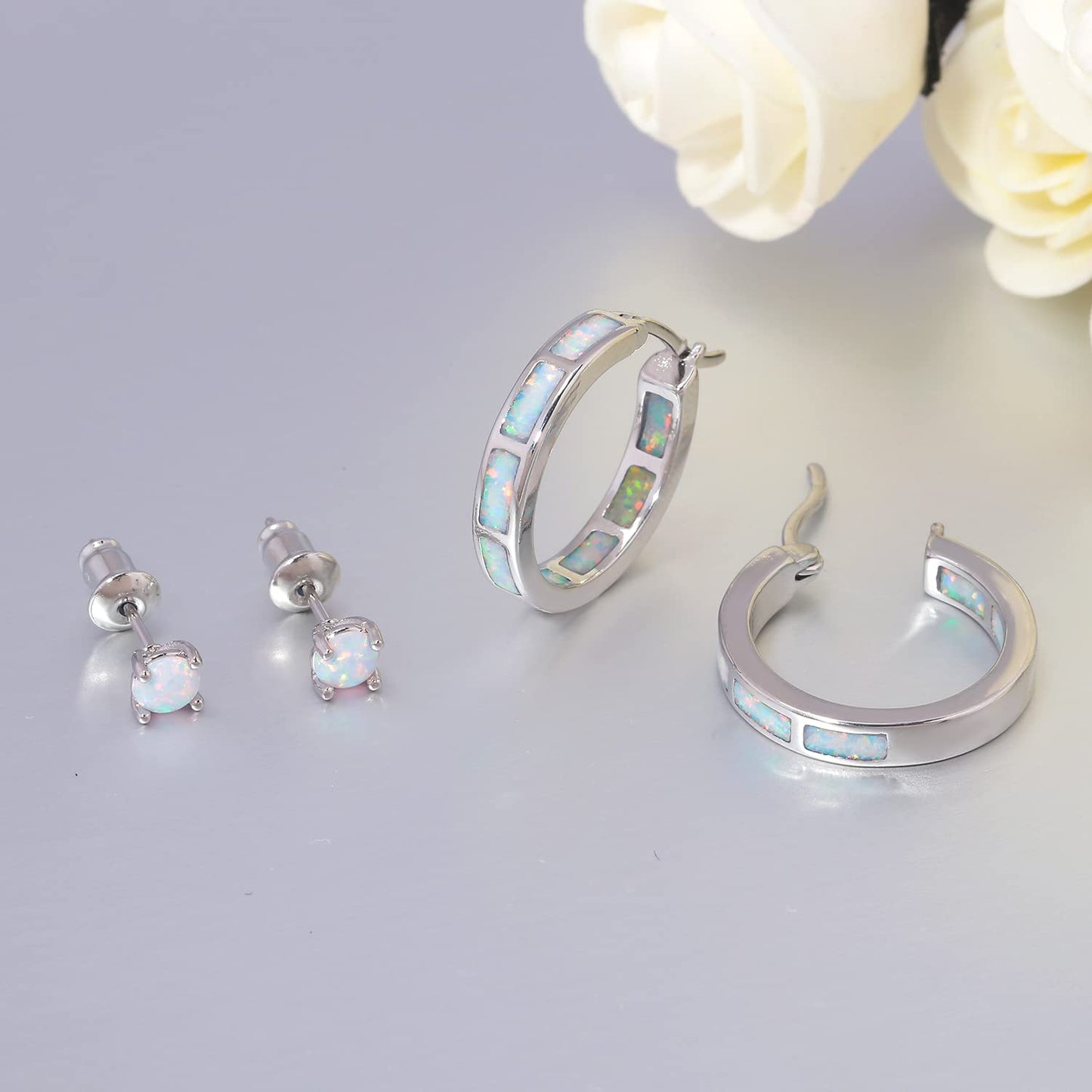 CiNily 2 Pairs Hoop Earring Set for Women Blue Opal Small Hoop Earring Silver Plated Hypoallergenic Opal Stud Earrings