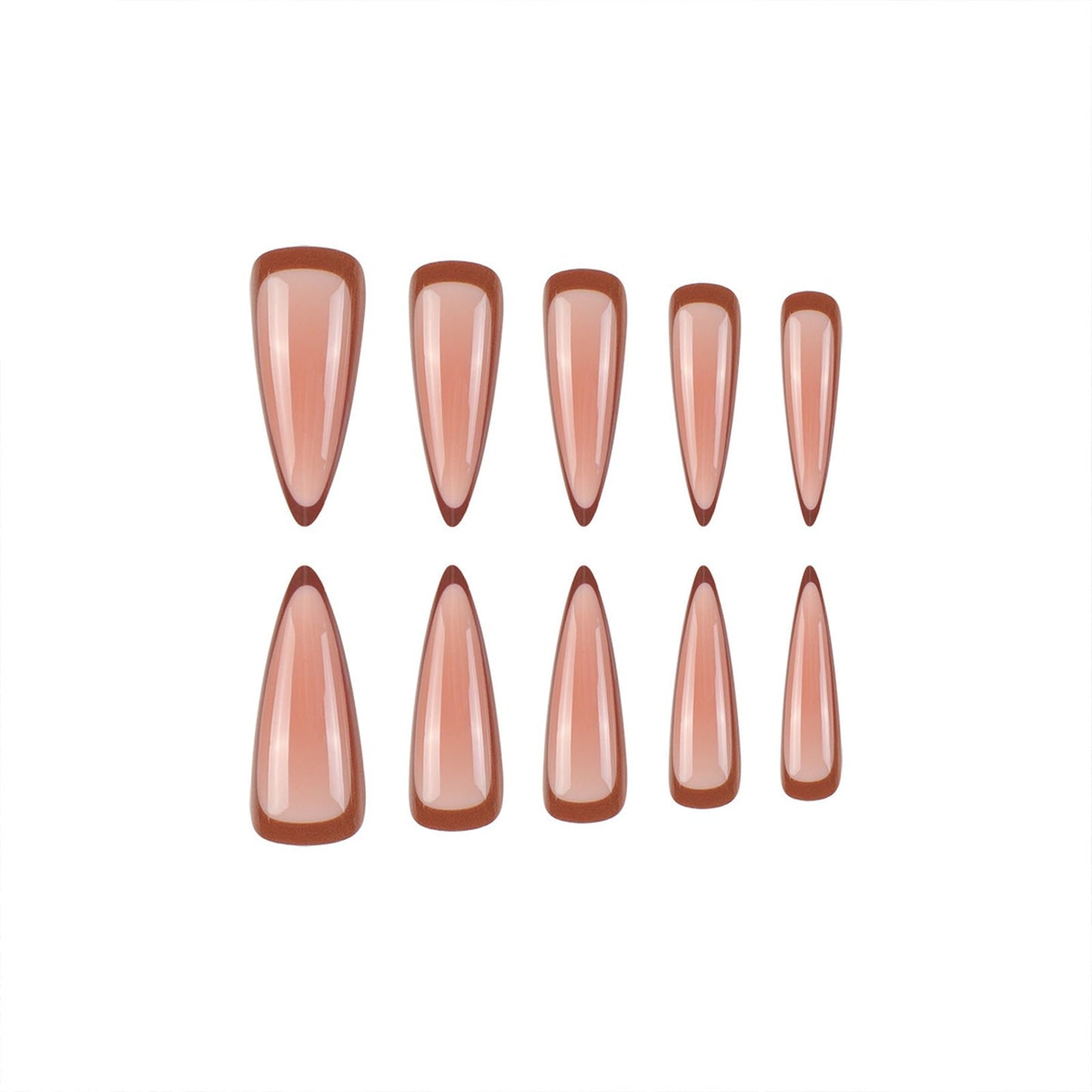 SINHOT Stiletto Press on Nails - Long Fake Nails, Glossy Finish, Nude Pink Ombre & Brown Edge, DIY Artificial False Nail Art - 24 Pcs Nail Kit with Glue