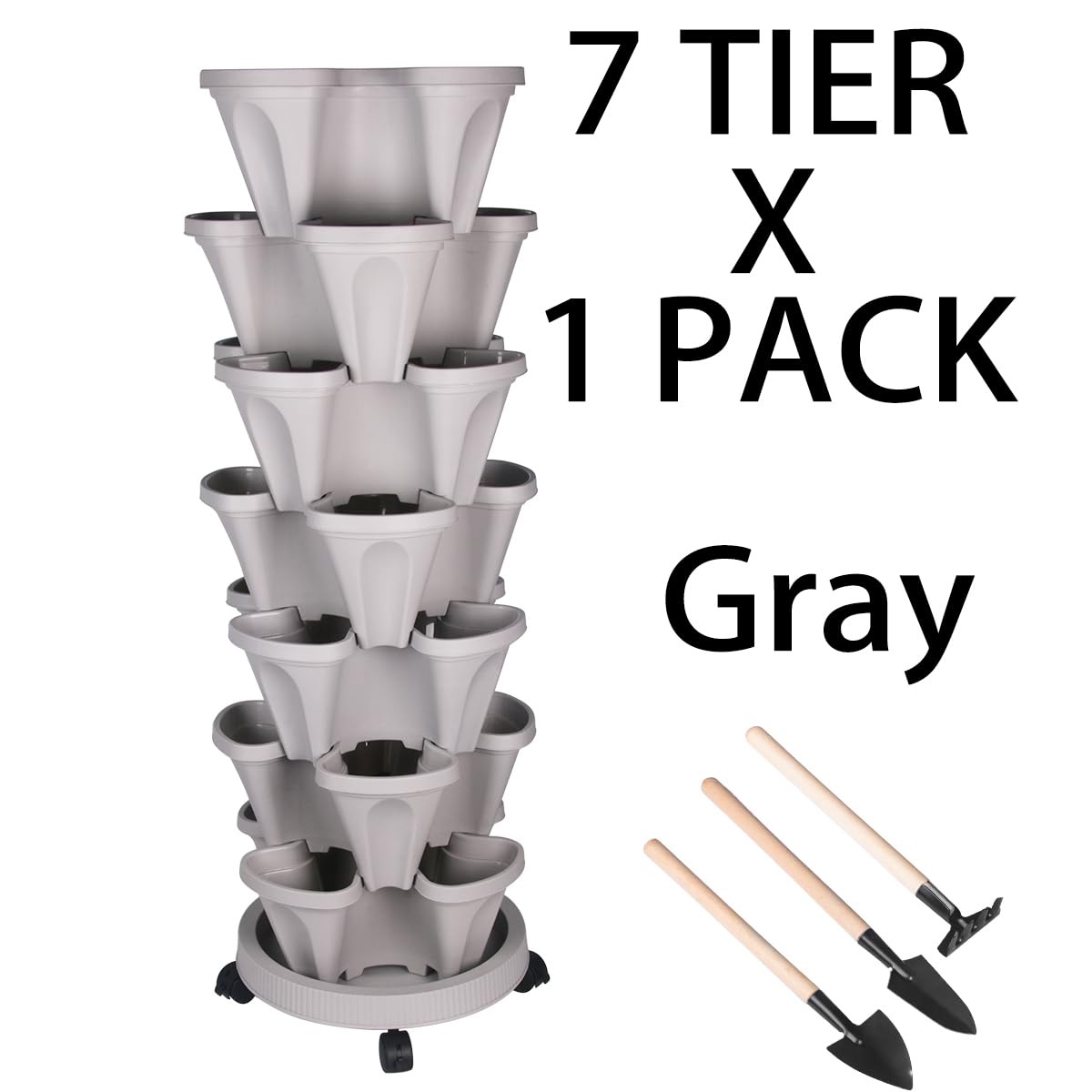 GameXcel Vertical Planter Tower- 7 Tier Stackable Garden Planter with Wheels and Tool Set – Grow Strawberries Herbs Flowers and Vegetables - Indoor Outdoor Use Gray