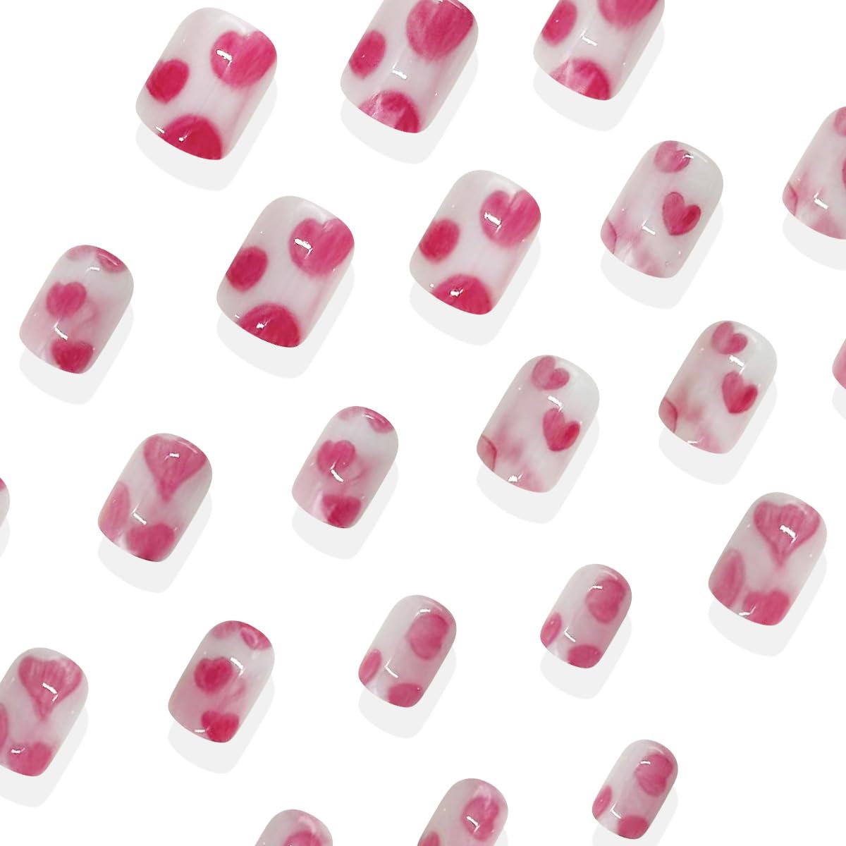 Pink Hearts Press on Nails Short Square Valentine's Day Glossy Acrylic Fake Nails Gradient Pink Stick on Nails for Women DIY Manicure Valentines Nail Decorations Supplies 24Pcs