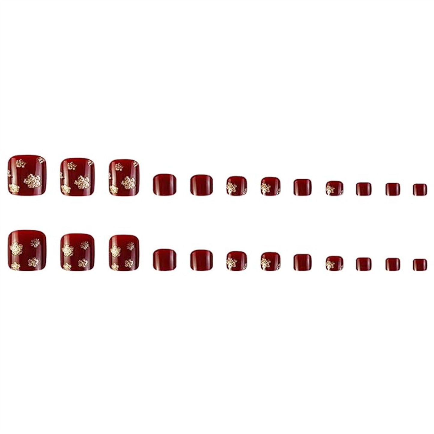 FJSMTOPl Red Press on Toenails With Flower Design - Glitter False Toe Nails, Full Cover Acrylic, Gold Glossy Tips - 24 Pcs