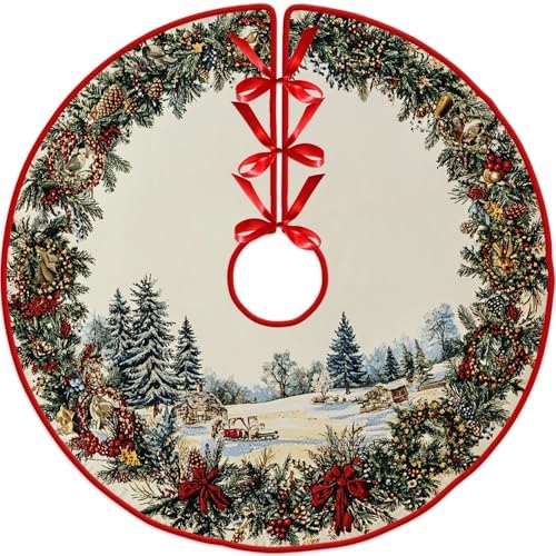 Flowers and Ribbons Tree Skirt 30"/36"/48" by Leo Walker Rustic Red Pink Hearts Romantic Love Christmas Tree Skirts Mother's Day Xmas Mat for Holiday Festival Party Wedding Decor