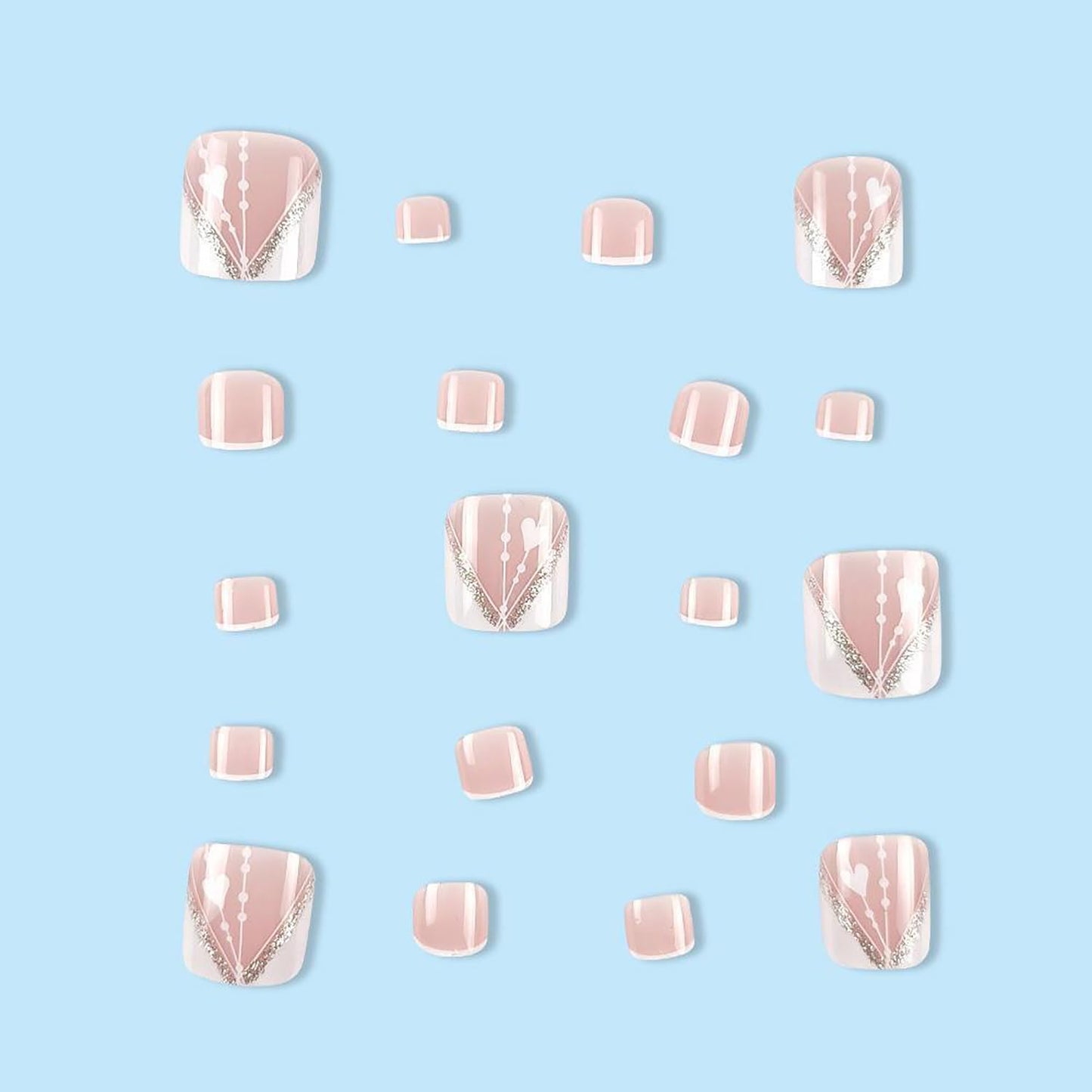 Vezocim Press on Nails with French Tips and Heart Designs, 24Pcs Artificial Nude Fake Nails for Toe, Glossy Full Cover Square Acrylic False Toenails, Press ons Toenails with Charm for Women