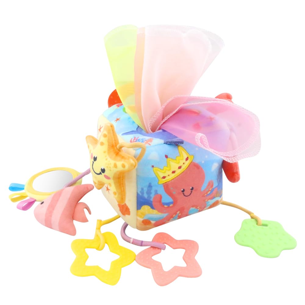 Caterbee Baby Sensory Tissue Box Toy with Hanging Hook – Pull Out Fabric Tissues, Rattle & Teether, Montessori Stroller & Car Seat Toy for Infants (Ocean)