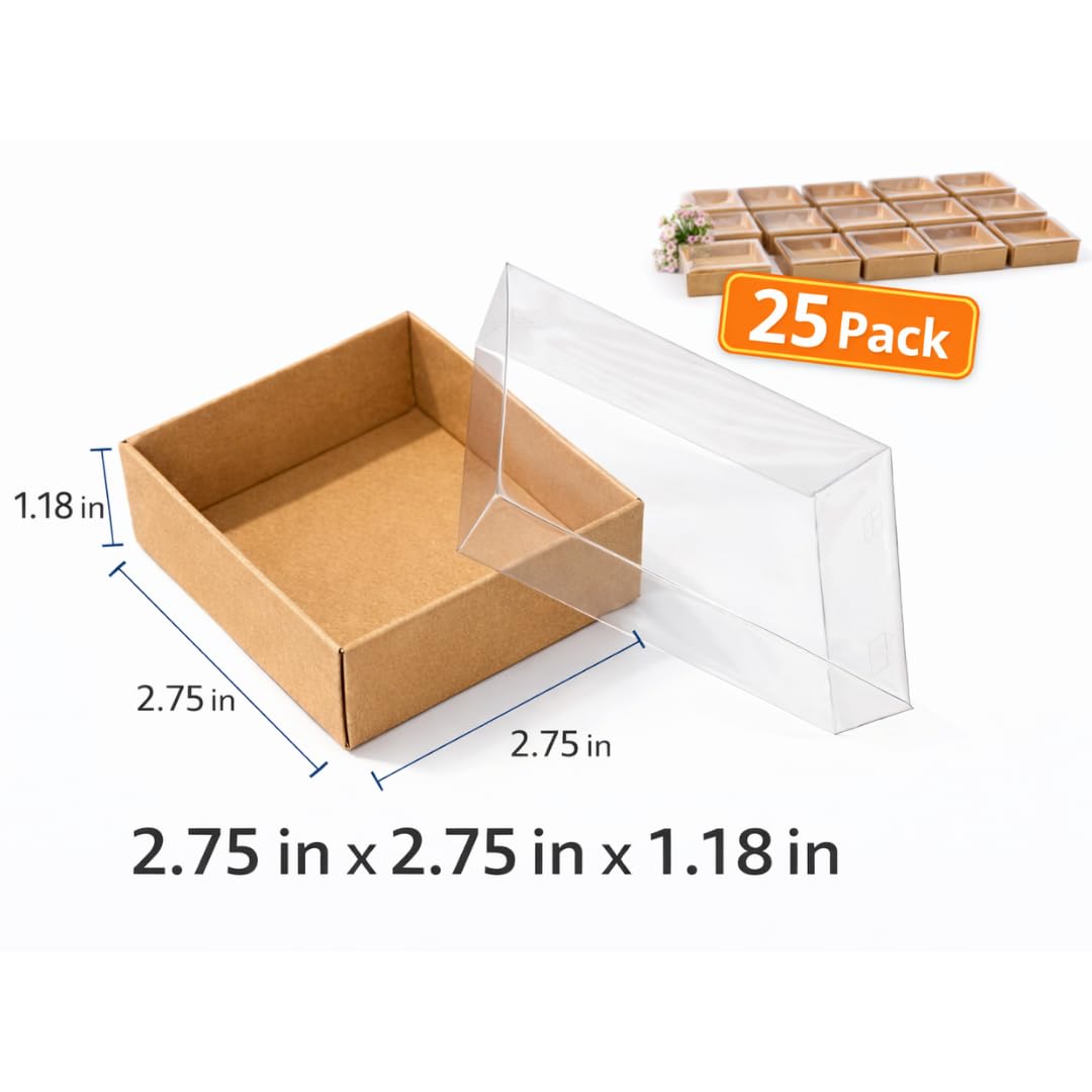 novamem since 2024 Premium Kraft Gift Boxes with Clear Window - 25 Pack Small Favor Boxes for Elegant Gift Packaging, Jewelry, Candy & Small Business (2.76 x 2.76 x 1.18 in)