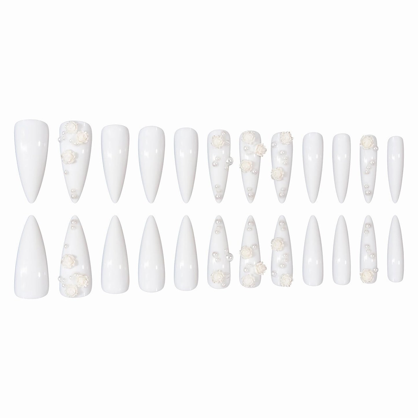 MISUD Press on Nails - Long Stiletto Fake Nails with White Flower Pearl, Acrylic Wedding Design 24 pcs