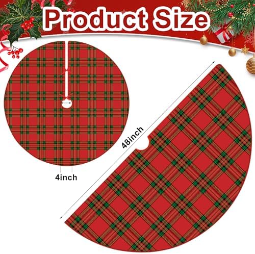 48 Inch Christmas Tree Skirt Red Green Tartan Plaid Tree Skirt Rustic Scottish Plaid Round Christmas Trees Mat for Xmas Winter Holiday Home Party Indoor Outdoor Decoration