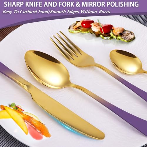 24 Pieces Flatware Set, Stainless Steel Cutlery Set with Silverware Holder, Modern Gold Silverware Set Includes Dinner Knives Forks Spoons,Hanging Silverware Set Service for 6 (Purple) - color: Purple