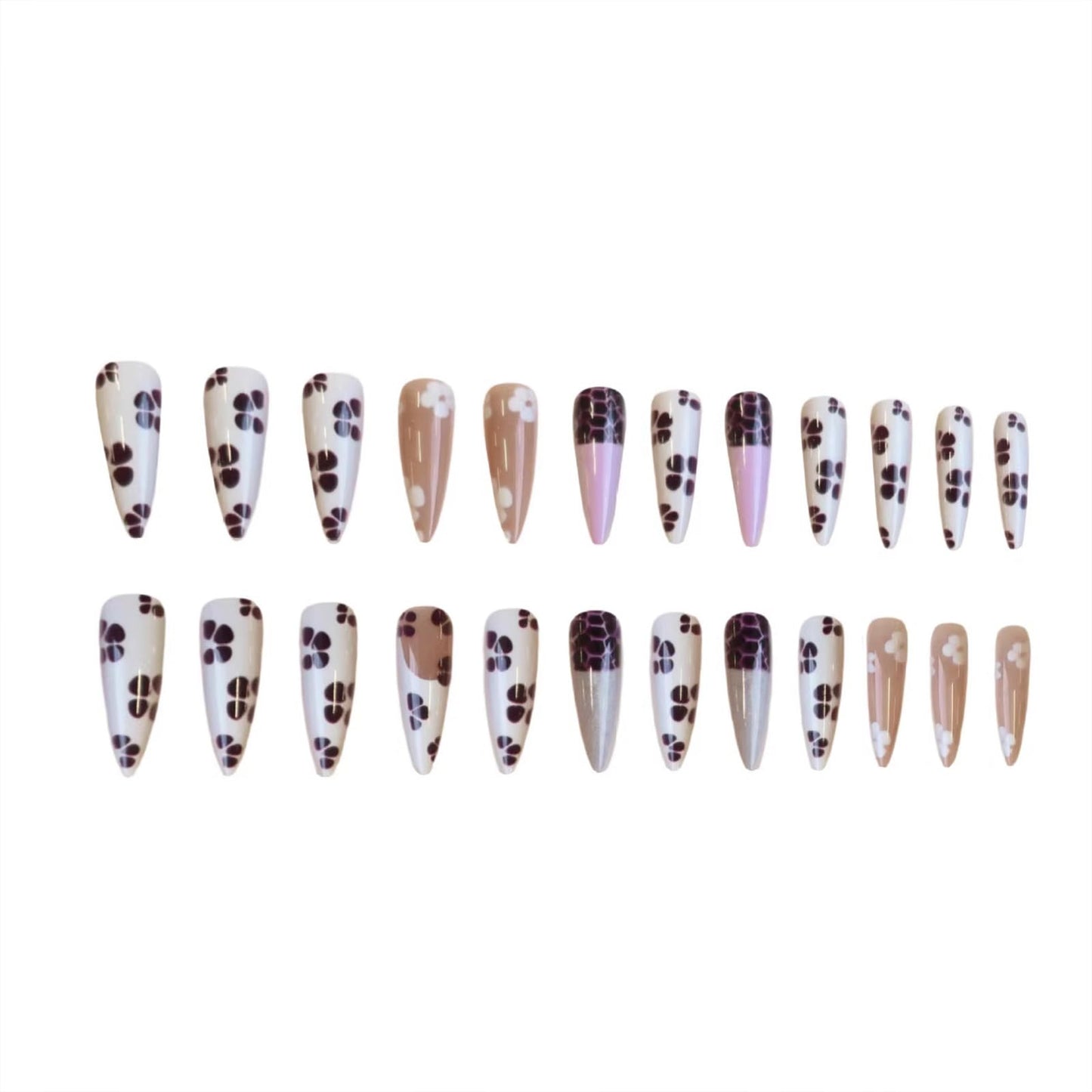 SINHOT Stiletto Press on Nails - Long Fake Nails, Glossy Finish, White Purple Flower & Glitter, Reusable Artificial False Nail Art - 24 Pcs Nail Kit with Glue