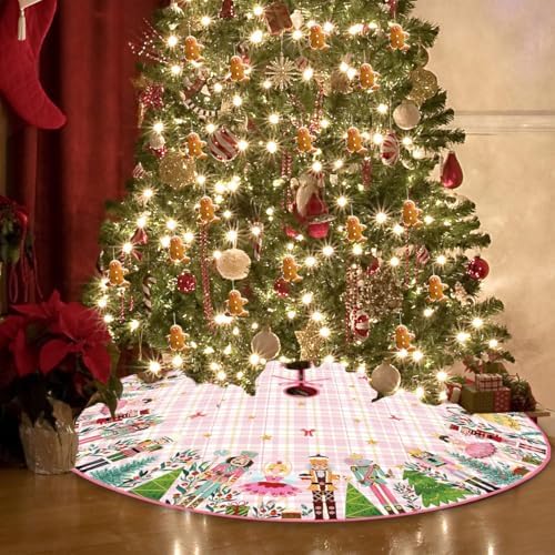 Christmas Tree Skirt 48 Inch Winter Xmas Pink Nutcracker Home Party Decor