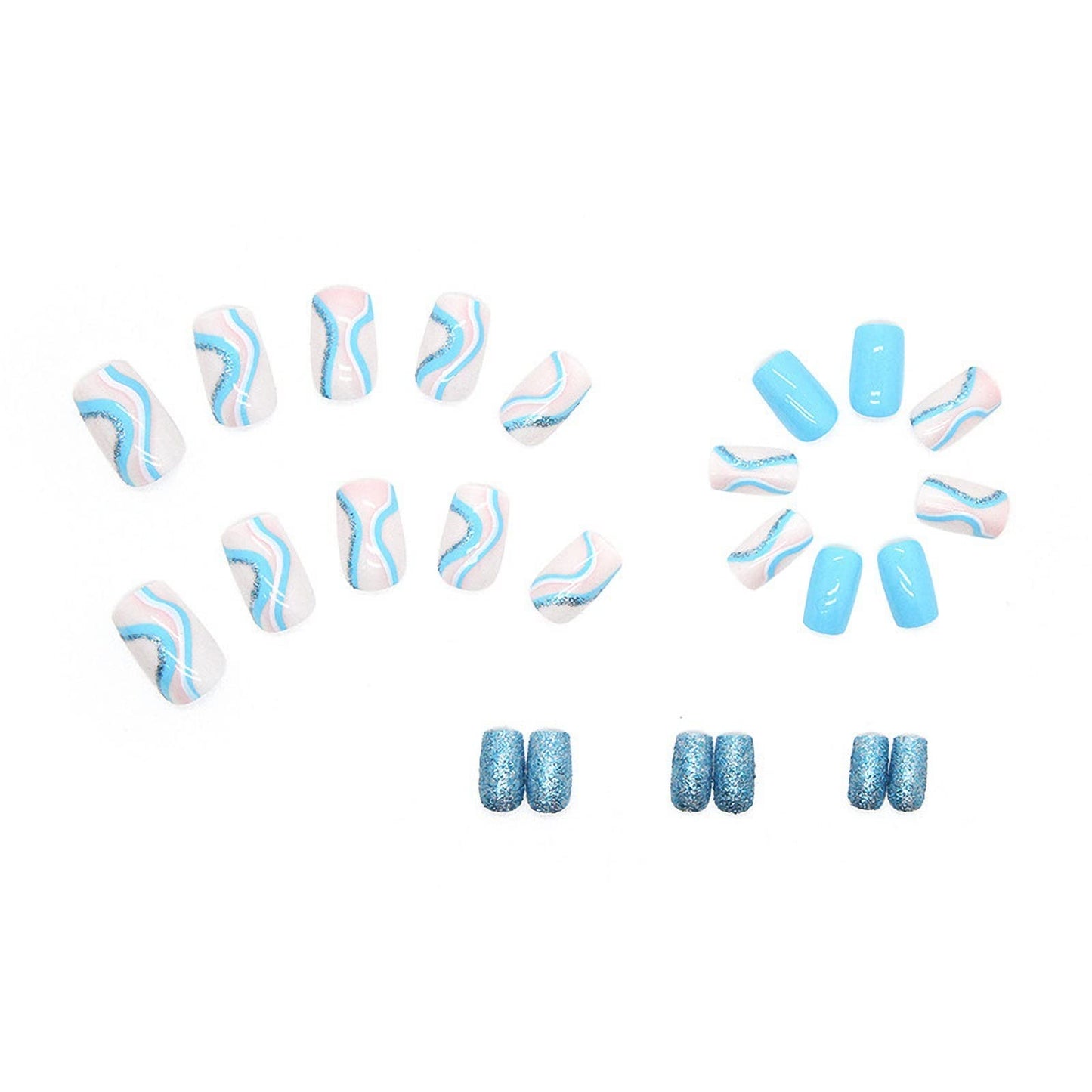 MISUD Press on Nails - Short Square Fake Nails with Summer Blue Swirl, Acrylic Bling Glitter Design 24 pcs
