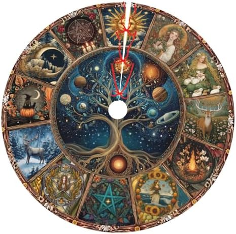 Novelty Wheel of The Year Christmas Tree Skirt 36 Inch Xmas Tree Mat Party Decor Supplies for Holiday Home Decorations