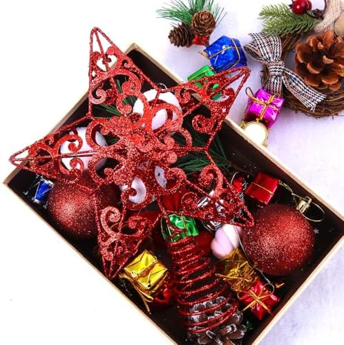 Aneco 10 Inches Metal Glittered Christmas Tree Topper Star Treetop Decoration for Christmas Home Decor, Red