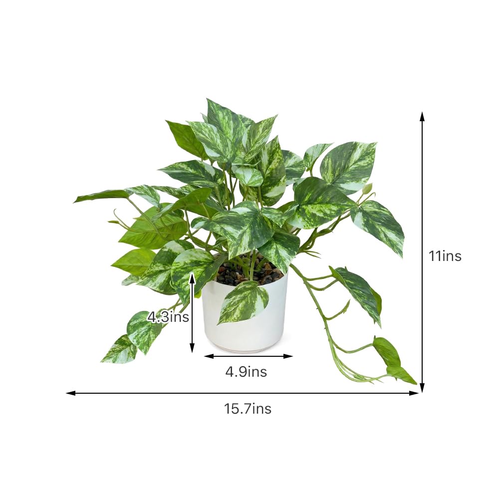 TentoWhan Artificial Plants Faux Pothos with Plastic White Pot Artificial Potted Plant for Home Office Bedroom Indoor Outdoor Decor 1 Pack(Light Green)