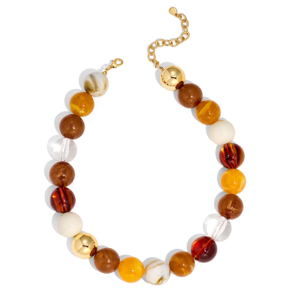 FAUTHENTICUTE Chunky Beaded Statement Necklace for Women Boho Choker Necklace with Brown Tone Resin Beads Summer Beach Jewelry Gifts