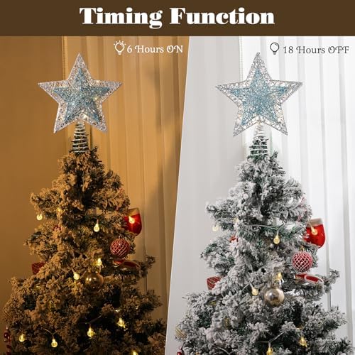 Lewondr Lighted Christmas Star Tree Topper with Remote & Timer, Blue&Silver
