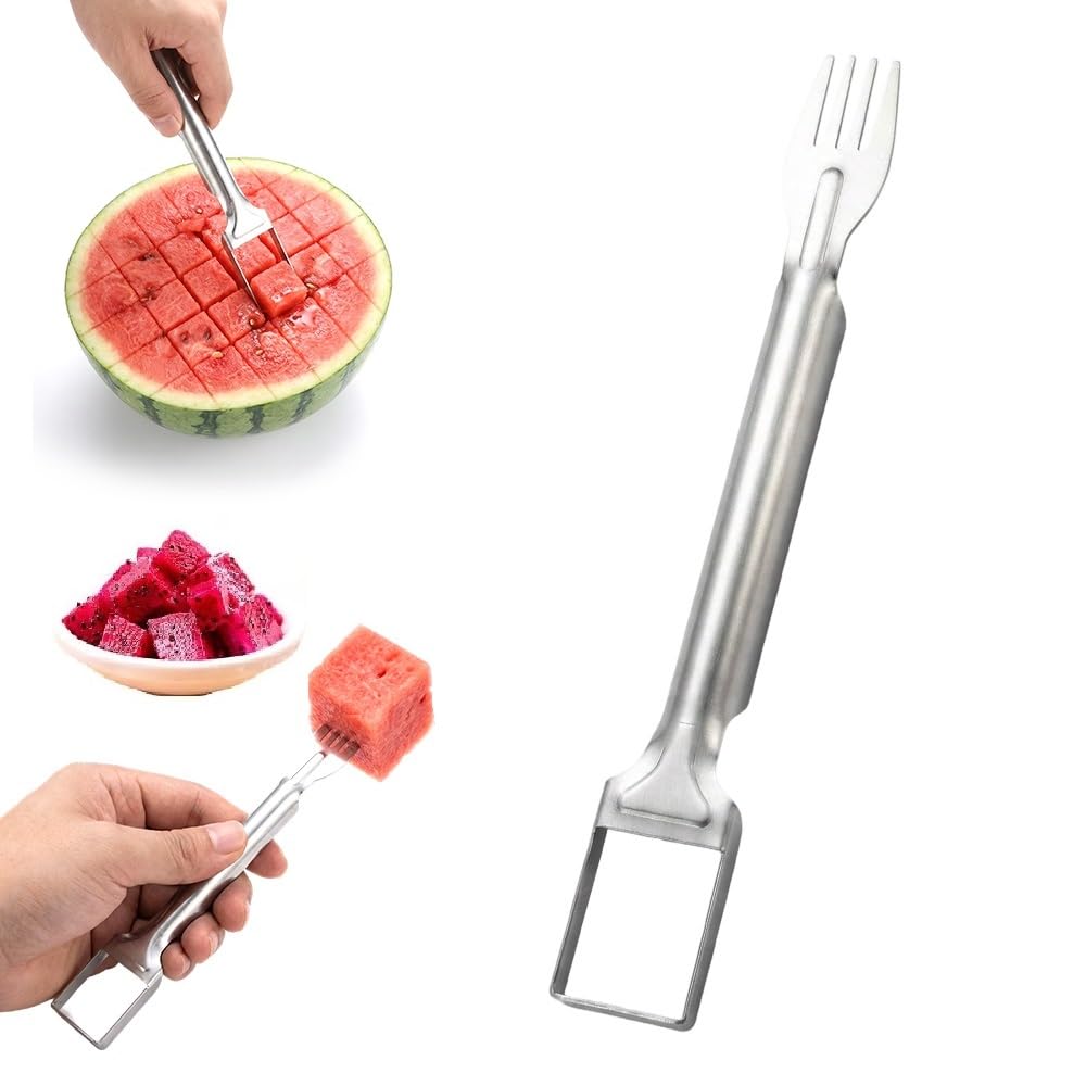 2-in-1 Stainless Steel Fruit Cutter,Dual Head Watermelon Fork Slicer Tool, 2026 New Summer Fruit Watermelon Cutter Slicer Tool,For Home Party Camping Picnics Kitchen Gadget (1PC)