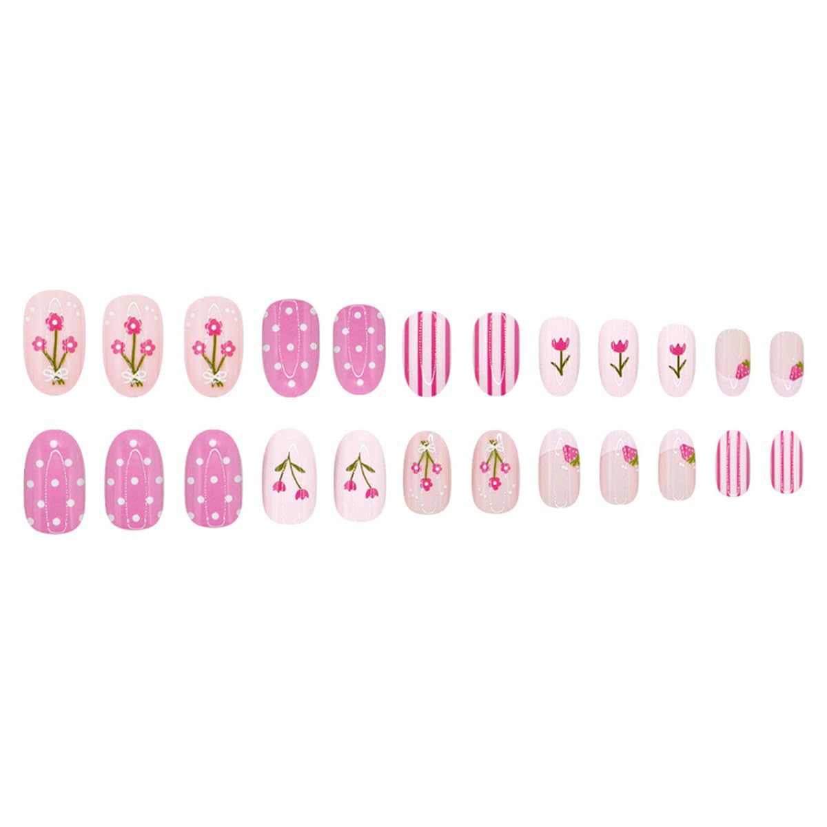 Pink Press on Nails Short Oval Fake Nails Spring Summer False Nails Press ons with Flower Design, Cute Nails Reusable Full Cover Glue on Nails for Women Girls, Manicure Kit 24Pcs