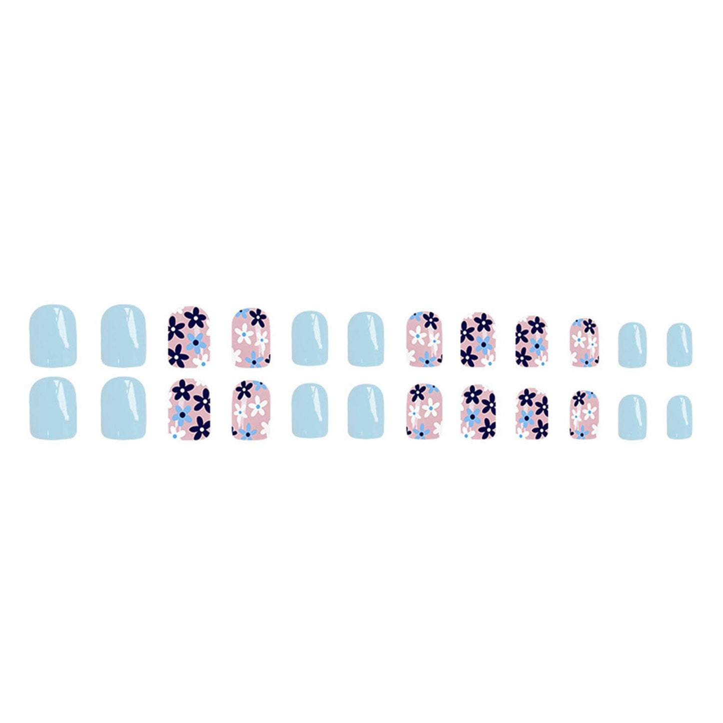 Blue Press on Nails Short Glue on Nails Flowers Fake Nails with Square Designs Cute Full Cover Nails Press ons Summer Artificial Sweet Stick on Nails for Women 24 Pcs
