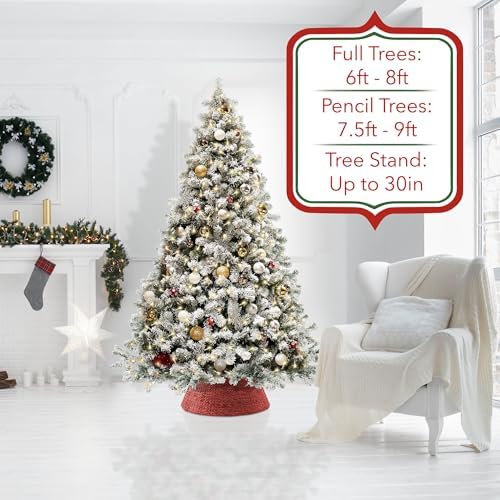 Casafield 32-Inch Christmas Tree Collar, Woven Water Hyacinth Tree Base Cover with Cord Cut Out, Red