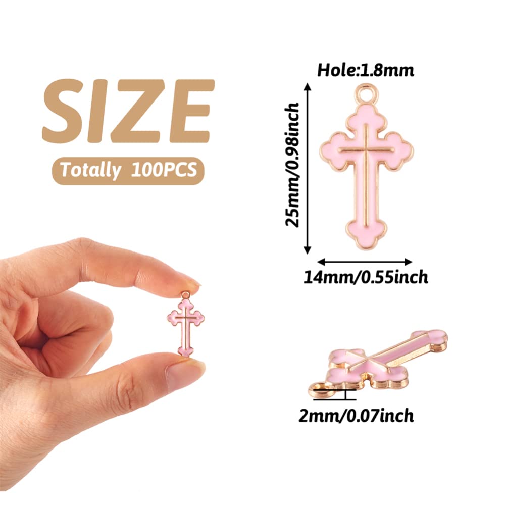 Mega Pet 100pcs Alloy Enamel Cross Pendant Charms Pink Metal Tiny Crucifix Flatback Dangle Charms Hang Ornaments 25x14mm for DIY Bracelet Necklace Jewelry Crafts Making Hole: 1.8mm
