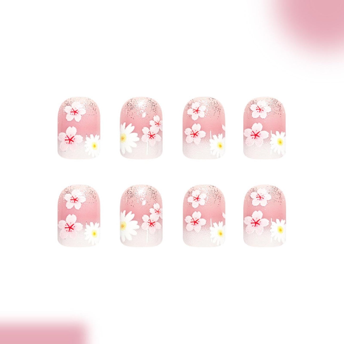 Flower Press on Nails Short Square Fake Nails with Floral Glitter Designs Spring Nails Press ons Pink White Glue on Nails Cute False Nails Summer Stick on Nails for Women 24Pcs
