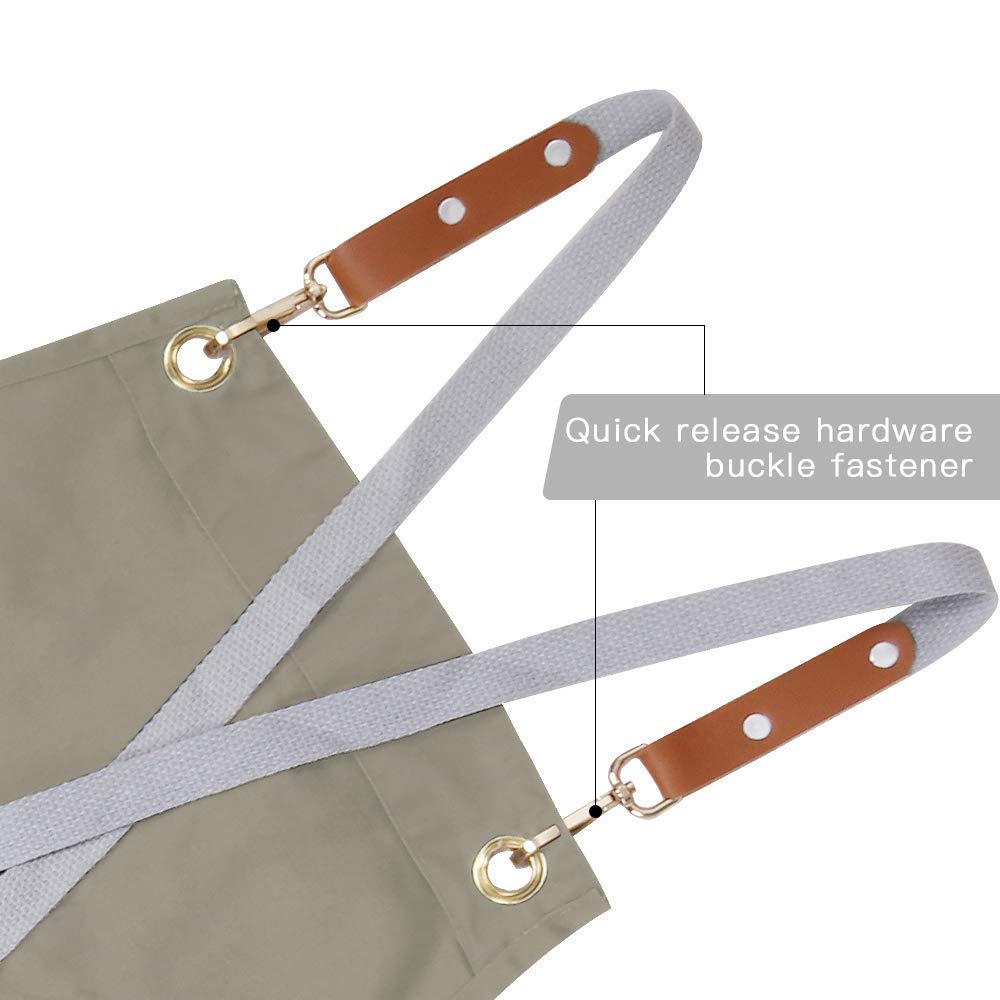 Mignongirl Crossback Apron with Pockets x2,Split Apron with Adjustable Straps,M-XXL (Beige)