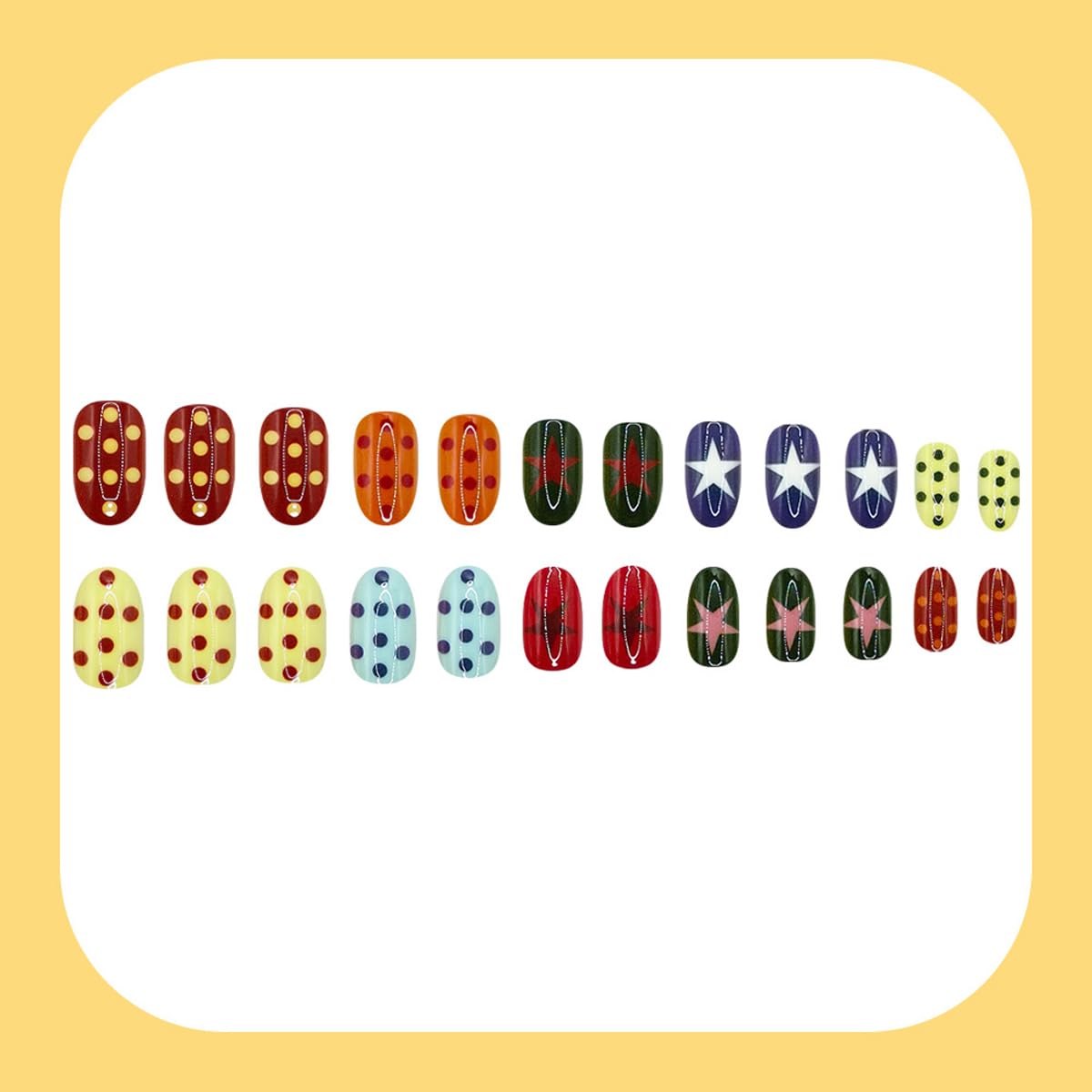 Oval Press on Nails Short, Colorful Star & Polka Dot Fake Nails Y2K Retro Style, Multicolor Full Cover Acrylic False Nails press ons for Women Girls, Cute Mix & Match Design 24Pcs