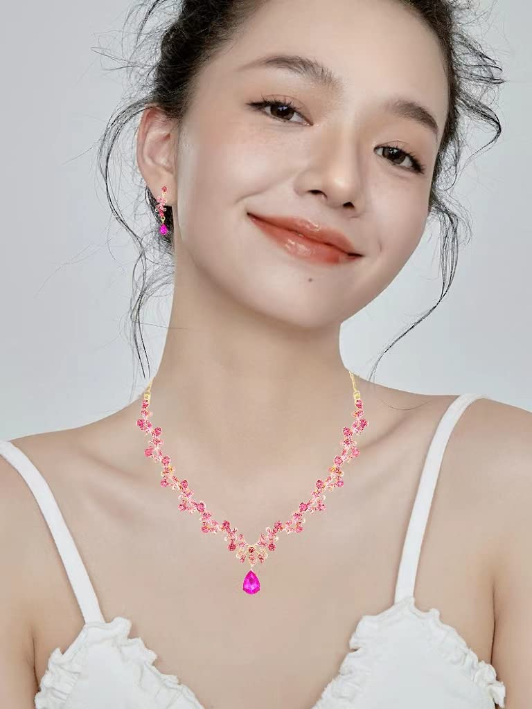 3Pcs Austrian Crystal Jewelry Set for Women, Necklace Dangle Earrings Link Bracelet Jewelry Set with Gold/Platinum/Gun Plated, Wedding Party Jewelry for Bridal Bridesmaid (Rose Red-Gold Plated)
