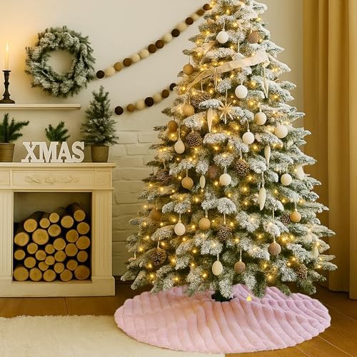 Faux Fur Christmas Tree Skirts, 48 inches Plush Fluffy Christmas Tree Skirt with Stripe Textured Pattern for Christmas Tree Decorations (122CM, Pink Stripe)