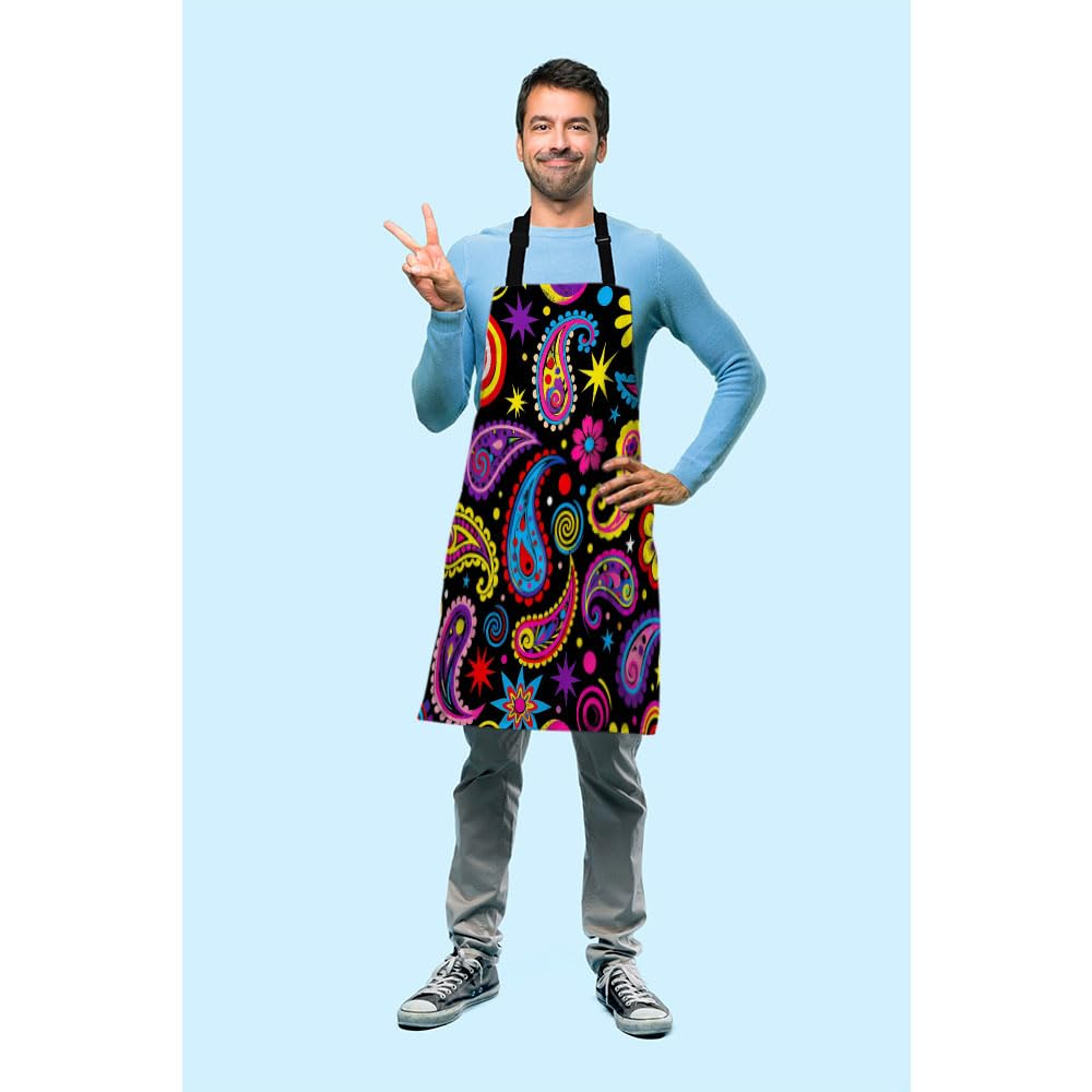 Beabes Flowers Paisley Flower Bib Apron Adjustable Neck Strap Abstract Colorful Circle Beauty Floral Folk Bouquet Pattern Polyester Work Apron Crafting BBQ Drawing Chef Waitress 27" X 31"