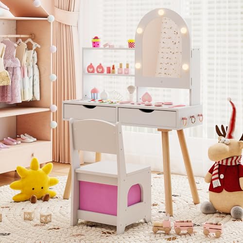 Costzon Kids Vanity with Lights, Girls Vanity Set with Mirror Cabinet, Storage Drawers, Hooks & Shelves, Toddler Makeup Vanity Desk Dressing Table, Wooden Kids Vanity Table and Chair Set (White) - style: White with Mirror Cabinet