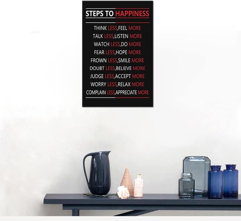 Motivational Steps For Happiness Wall Art for Office Inspiring Positive Poster Inspirational Affirmative Canvas Painting Prints Wall Pictures for Living Room Home Decor Framed Artwork [12''W x 18''H]