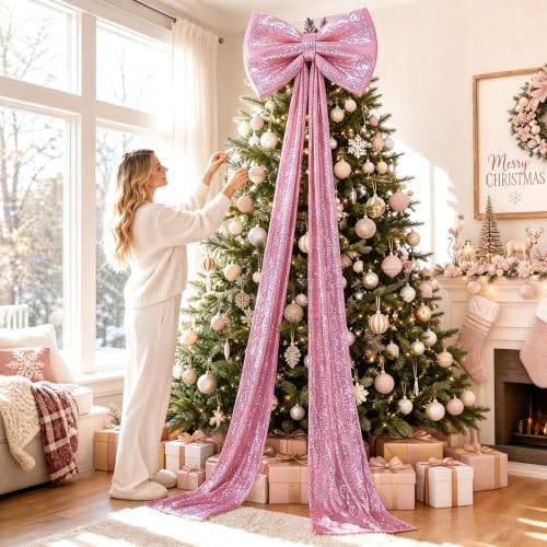 Giant Sequin Bow Pink Christmas Tree Bows 75 x 23 Inch Large Bow for Christmas Oversized Big Glitter Bows with Long Streamers for Front Door Xmas Tree Topper Room Wall Backdrop