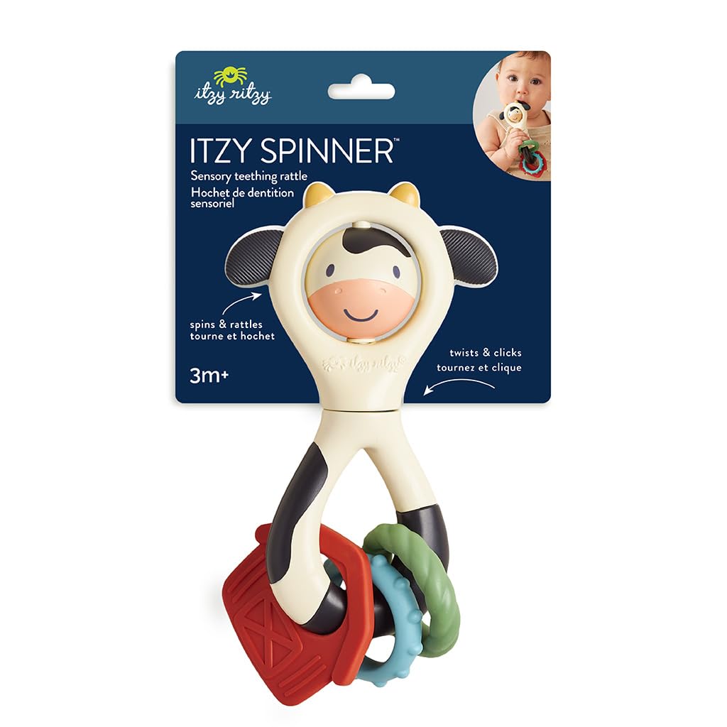 Itzy Ritzy Spinner Rattle Toy – Cow Design Sensory Teething Rattle Includes Spinning Face, Clicks, Rattles & Textured Teethers – Designed for Ages 3 Months and Up (Cow)