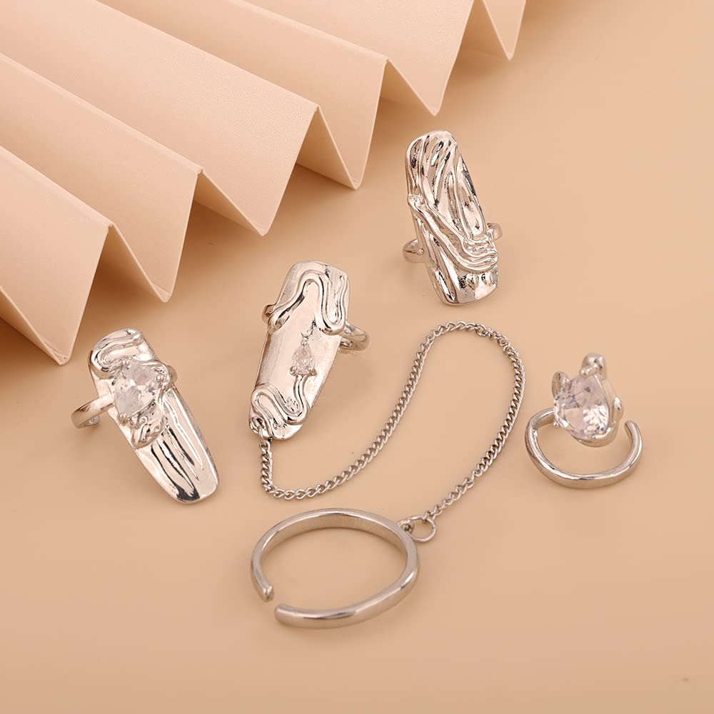 Rumtock 4pcs Punk Silver Fingertip Protective Nail Rings Set with Knuckle Chain Ring Manicure Jewelry for Women Gilrs