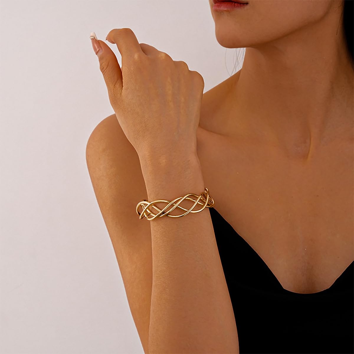 MOEEIJEW Chunky Cuff Bracelets for Women Gold/Silver Cuffs Bangle Hollow Out Adjustable Bracelets Punk Vintage Jewelry (Gold B)