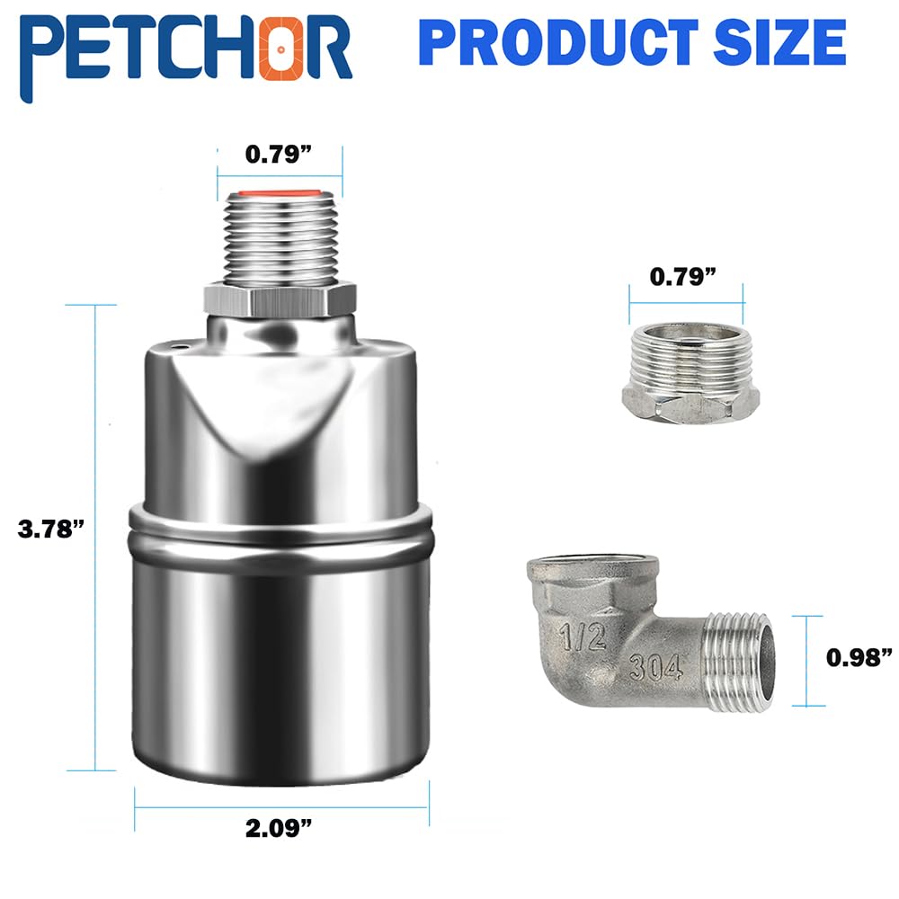 PETCHOR 304 Stainless Steel Fully Automatic Water Level Control Float Valve, 1/2" 3/4''Float Ball Valve, Auto Float Water Shut off Valve for Pool, Water Tank, Livestock Troughs, Fish Pond